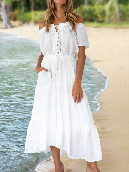 

A-Line Plain Boho Frill Sleeve Weaving Dress, White, Casual Dresses
