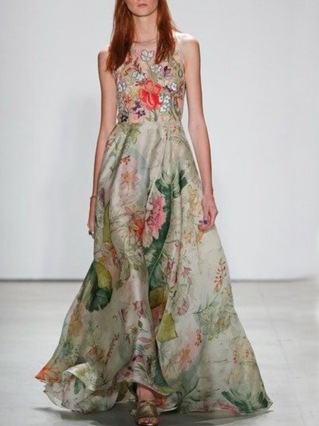 

Floreale Vintage senza maniche Girocollo Abito, Verde, Dresses
