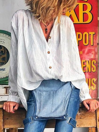 

Camicie & Top Casuale Maniche Lunghe Dritto Cotone, Bianco, Blouses & Shirts