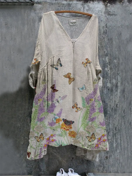 

New Women Chic Plus Size Vintage Holiday Boho Floral Linen Half Sleeve Vintage Dresses, Khaki, Dresses