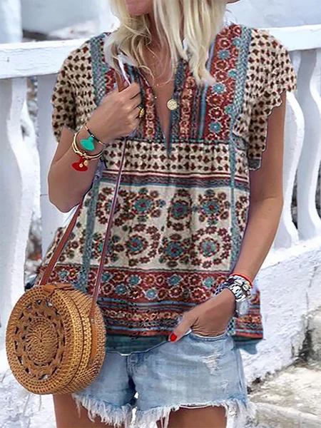 

Plus size Casual V Neck Boho Shirts & Tops, Red, Blouses & Shirts