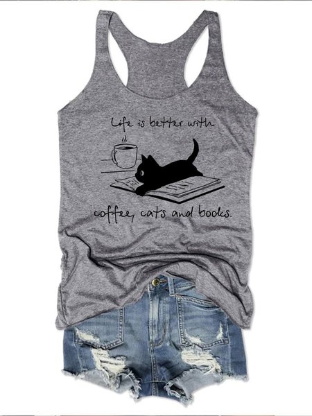 

Cat Graphic Sleeveless Round Neck Loose Vest, Gray, Tank Tops