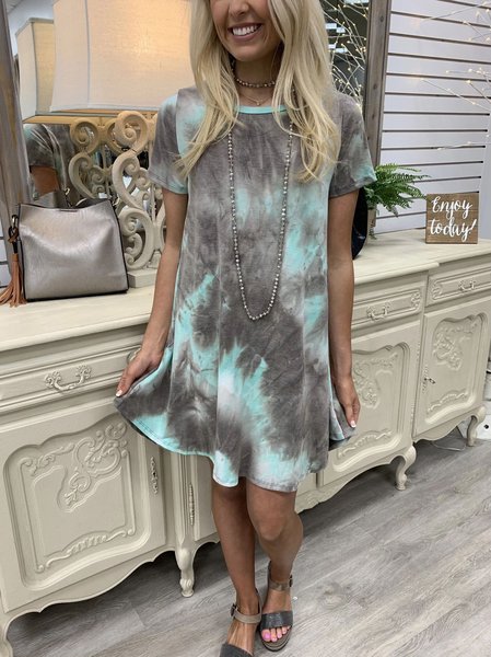 

O-Neck Short Sleeve Casual Dress, Gray, Dresses