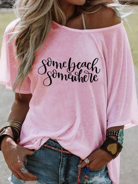 

Some Beach Somewhere Big Crew Neck Sleeve Tee, Pink, T-shirts