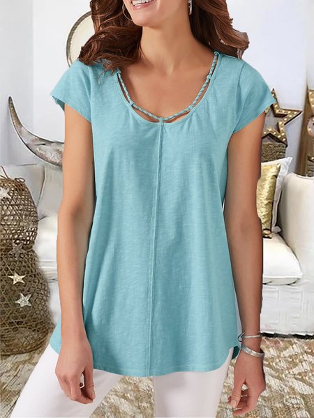 Solid Rope Cording Round Neck Short Sleeve T-Shirts & Tops, Blue, T-Shirts