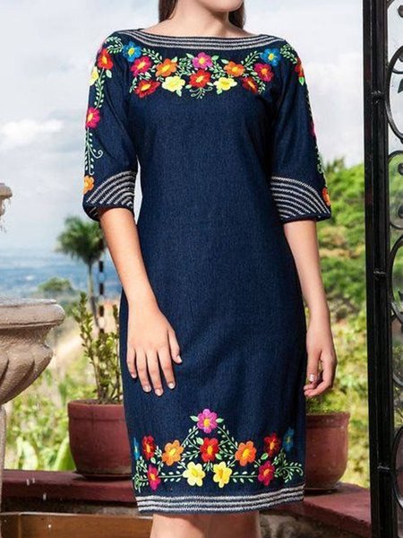 

Abito Dritto Stampato Mezza Manica Vintage, Blu intenso, Midi Dresses
