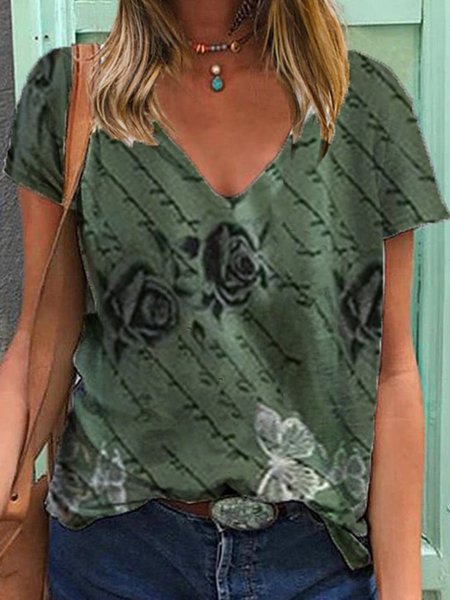 

Short Sleeve Casual Printed V Neck T-shirt, Green, Tees & T-shirts