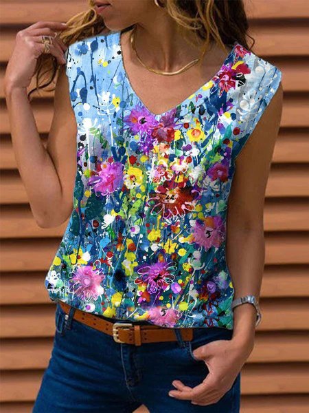 

Scollo a V Senza Maniche Stampato Floreale Floreale Camicie & Top, Fiore, Tank Top