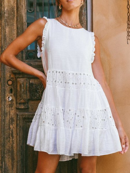 

Solid Crew Neck Sleeveless Cutout Weaving Dress, White, Casual Dresses