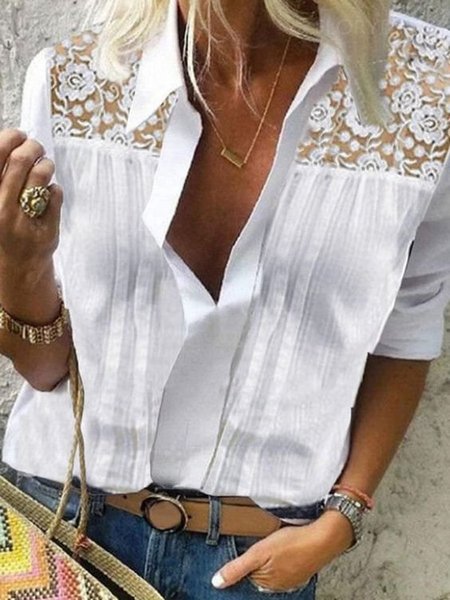 

Casuale Scollo a V Maniche Lunghe Camicie & Top Cotone, Bianco, Blouses & Shirts