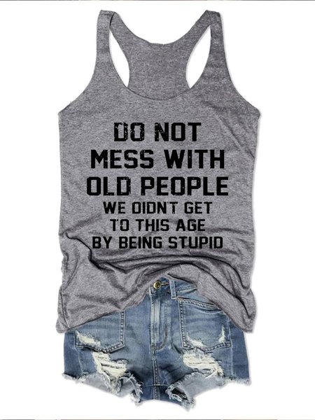 

Old People Letter Graphic Sleeveless Round Neck Loose Vest, Gray, Tank Tops