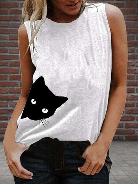

Cotton-Blend Sleeveless Animal Crew Neck Shirts & Tops, White, Tank Tops & Camis