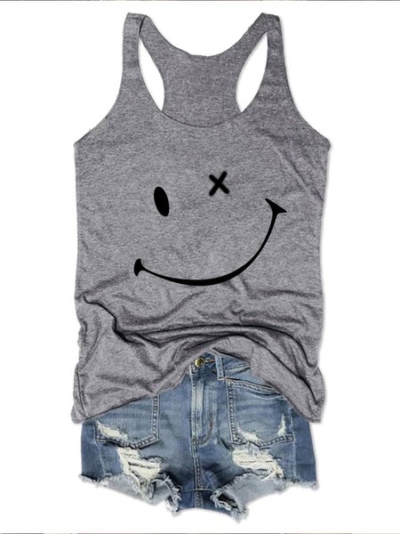 

Fashion Smile Graphic Sleeveless Round Neck Loose Vest, Gray, Tank Tops