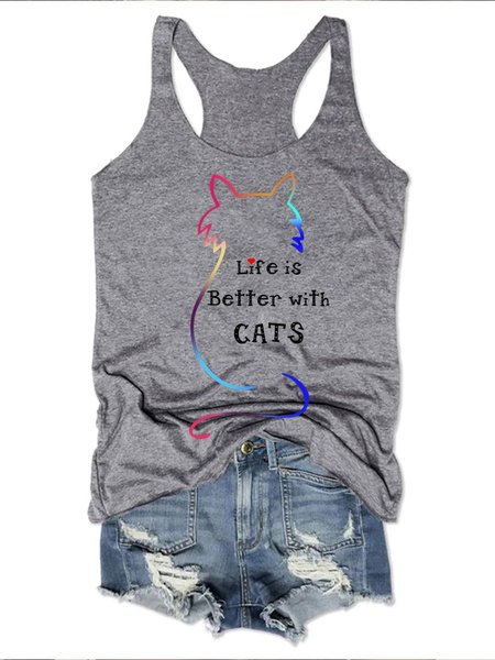 

Cat Graphic Sleeveless Round Neck Loose Vest, Gray, Tank Tops