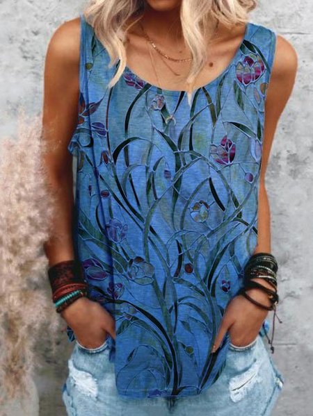 

Senza Maniche Stampato Floreale Floreale Camicie & Top, Blu, Tank Top