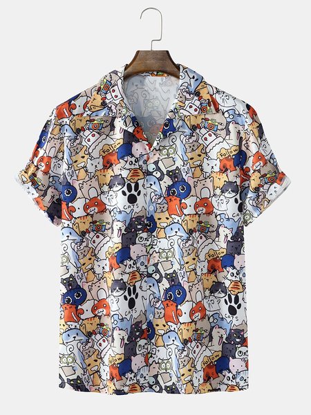 

Men's Cartoon Basic Shirt Collar Shirts, Blue, Men's Floral shirt