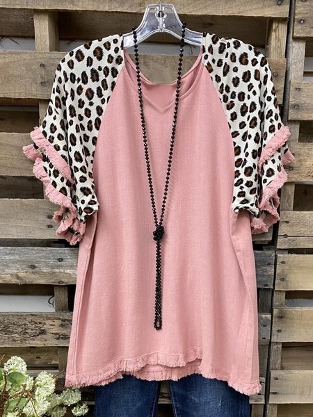 

Vintage Leopard Printed Tassel Plus Size Short Sleeve V Neck Casual Tops, Pink, Tees & T-shirts