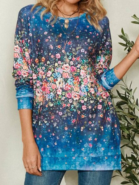

Vintage Oil painting flowers Floral-Print T-shirt, Blue, T-Shirts