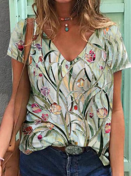 

Maniche Corte Floreale Scollo a V Misto Cotone Camicie & Top, Verde, T-Shirts