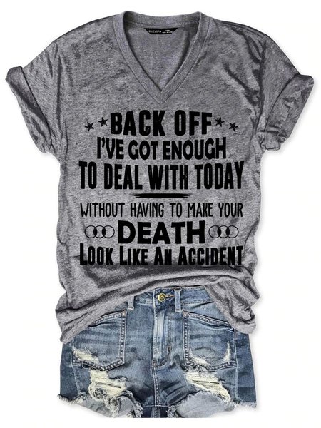 

Back Off Graphic Short Sleeve V-Neck Loose Tee, Gray, T-shirts