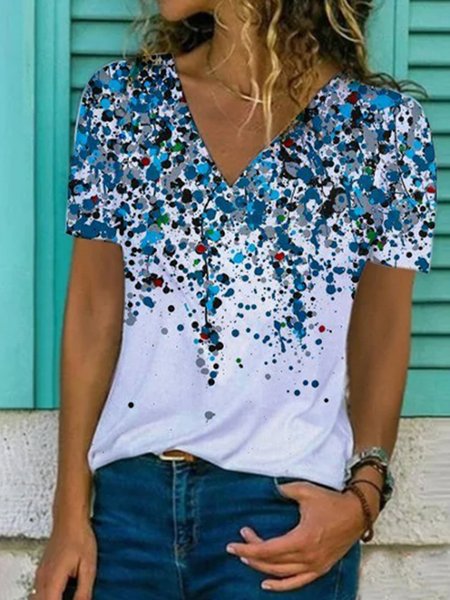 

Stampato Floreale Vintage Maniche Corte Camicie & Top, Blu, T-Shirts