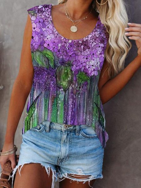 

Casuale Senza Maniche Misto Cotone Floreale Camicie & Top, Viola, Tank Top