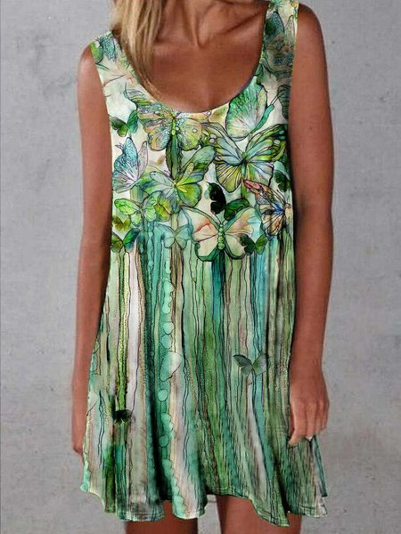 

Designer oil painting butterfly print dress, Green, Boho dresses