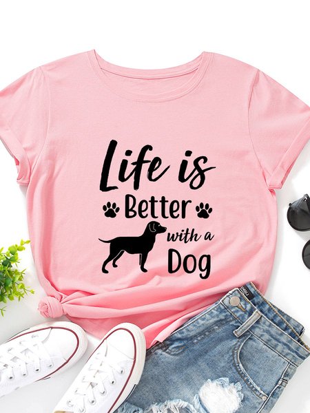 

Dog Graphic Short Sleeve Round Neck Loose Tee, Pink, T-shirts