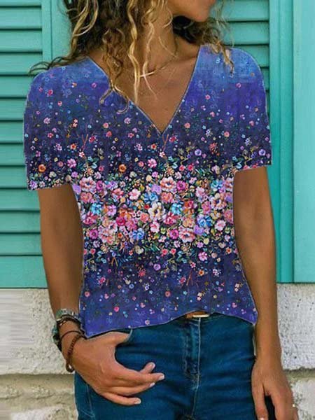 

Floral-Print Cotton-Blend V Neck Short Sleeve Shirts & Tops, Multicolor, T-Shirts