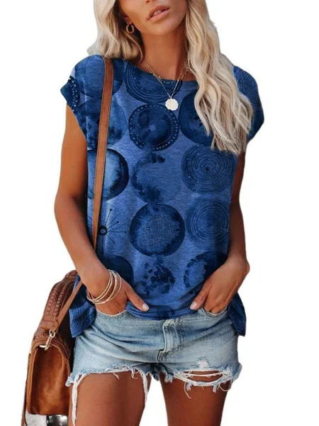 

Casual Polka Dots Floral-Print Short Sleeve T-shirt, Blue, T-shirts