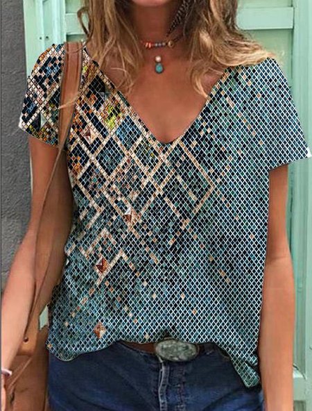 

Ombre/Tintura a nodi Scollo a V Maniche Corte Vacanza Camicie & Top, Verde, T-Shirts