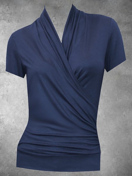 

Plus Size Short Sleeve Cotton-Blend Vintage Plain Shirts & Tops, Blue, Auto-Clearance