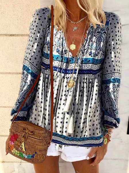 

Long Sleeve Cotton V Neck Tops, As picture, Tops