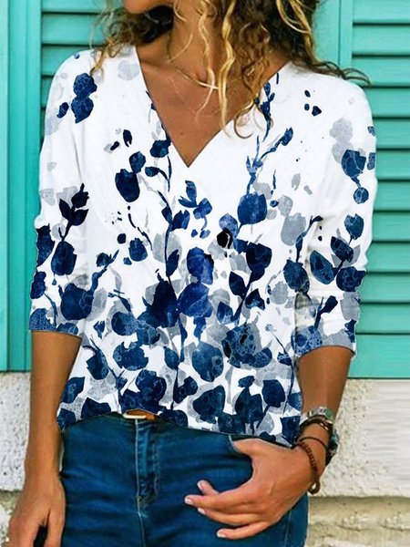 

Maniche Lunghe Casuale Floreale Camicie & Top, Bianco, T-Shirts