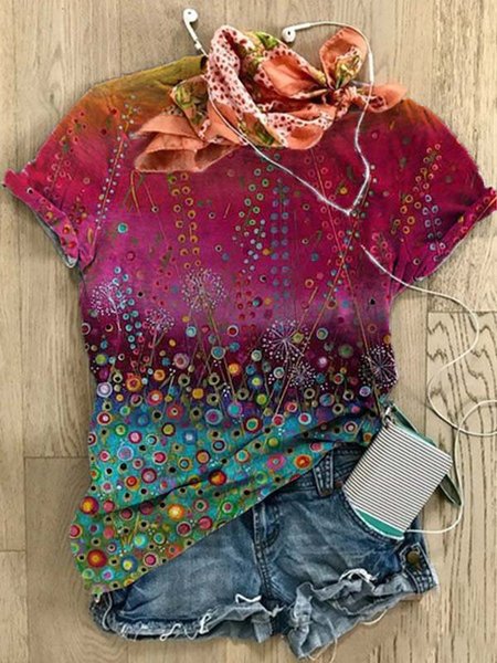 

Printed Crew Neck Cotton-Blend Short Sleeve T-shirt, Multicolor, Tops