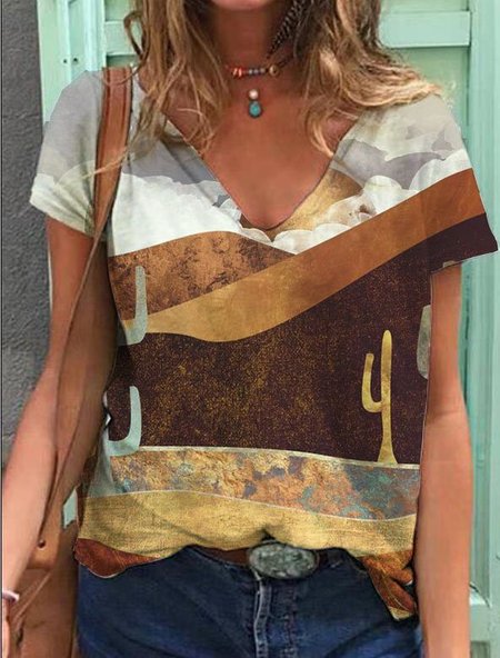 

Cotton-Blend Shift Short Sleeve V Neck Shirts & Tops, Brown, T-Shirts