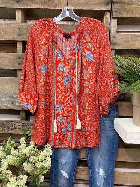 

Paisley Half Sleeve Printed Polyester V neck Vintage Summer Red Top, Tops