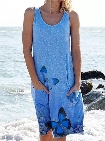 

Crew Neck Casual Knitting Dress, Blue, Midi Dresses