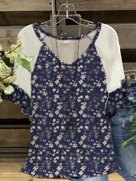 

V Neck Casual Cotton Tops, As picture, Tops