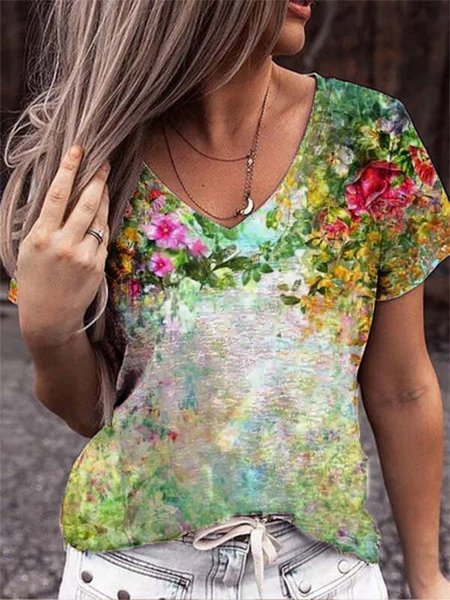Scollo a V Casuale Stampato Top Misto Cotone, Multicolore, T-Shirts