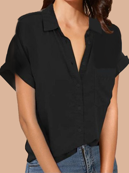 

Abbottonato Colletto a Camicia Dritto Maniche Corte Camicie & Top, Nero, T-Shirts