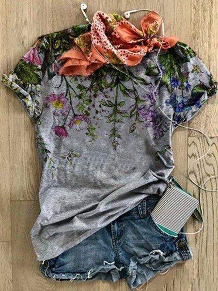 

Stampata Floreale Girocollo Maniche Corte T-shirt, Grigio, T-Shirts
