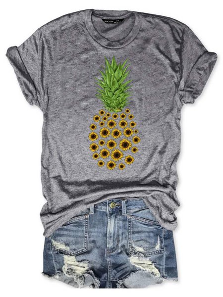 

Sunflower Pineapple Graphic Short Sleeve Round Neck Loose Tee, Gray, Tops