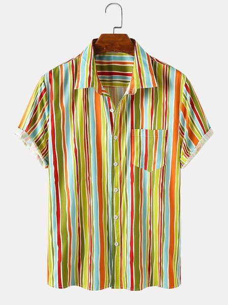 

Men's Striped Casual Shirt Collar Shirts, Green, Men's Floral shirt