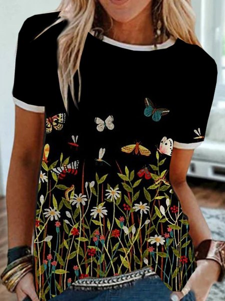 

Floreale Maniche Corte Stampato Misto Cotone Girocollo Casuale Estate Nero Superiore, T-Shirts