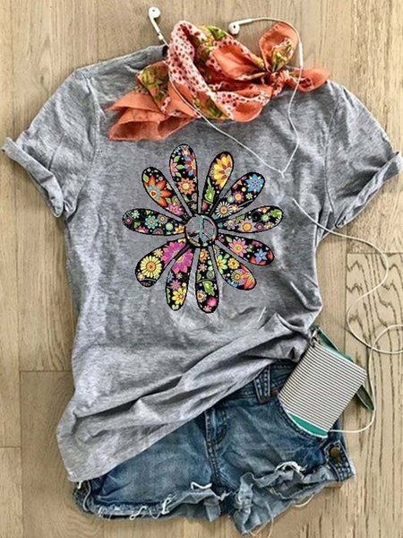 

Stampato Girocollo Maniche Corte Top, Grigio, T-Shirts