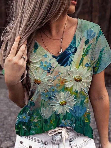 

Scollo a V Maniche Corte Stampato Camicie & Top Misto Cotone, Multicolore, T-Shirts
