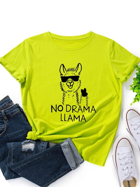 

Funny Llama Graphic Short Sleeve Round Neck Loose Tee, Fluorescent green, T-shirts