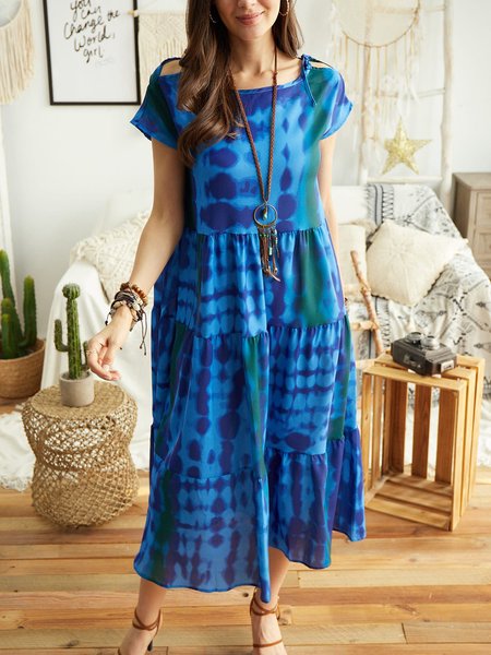 

Cotton-Blend Floral Short Sleeve Weaving Dress, Blue, Summer Dresses