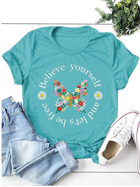 

Floral Butterfly Graphic Short Sleeve Round Neck Loose Tee, Turquoise, T-shirts